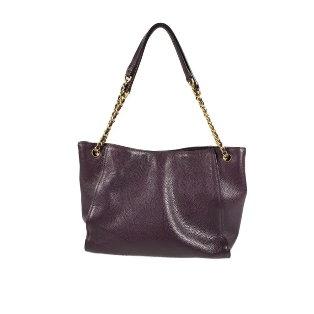 Tory Burch Womens Pebbled Leather Gold Tone Logo Shoulder Handbag Purple